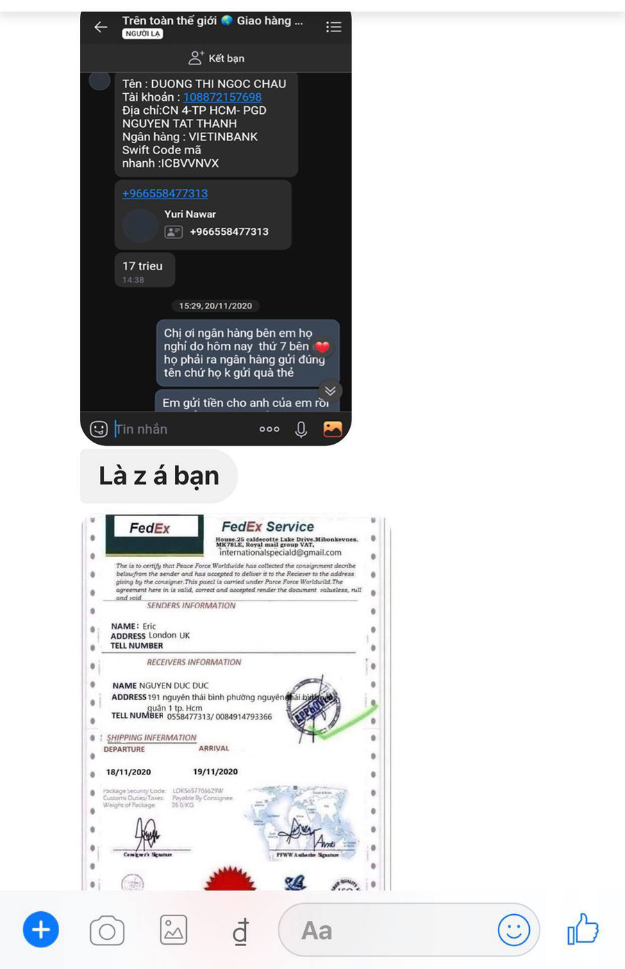 Tin nhắn đối tượng gửi cho chị T. (Ảnh chụp màn hình) Ảnh tin nhắn đối tượng gửi cho chị T. (Ảnh chụp màn hình)