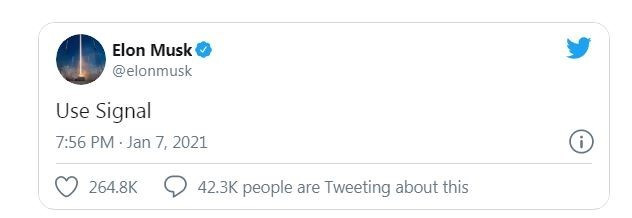  Tỉ phú Elon Musk viết “dùng Signal” trên Twitter hôm 7.1. Ảnh chụp màn hình