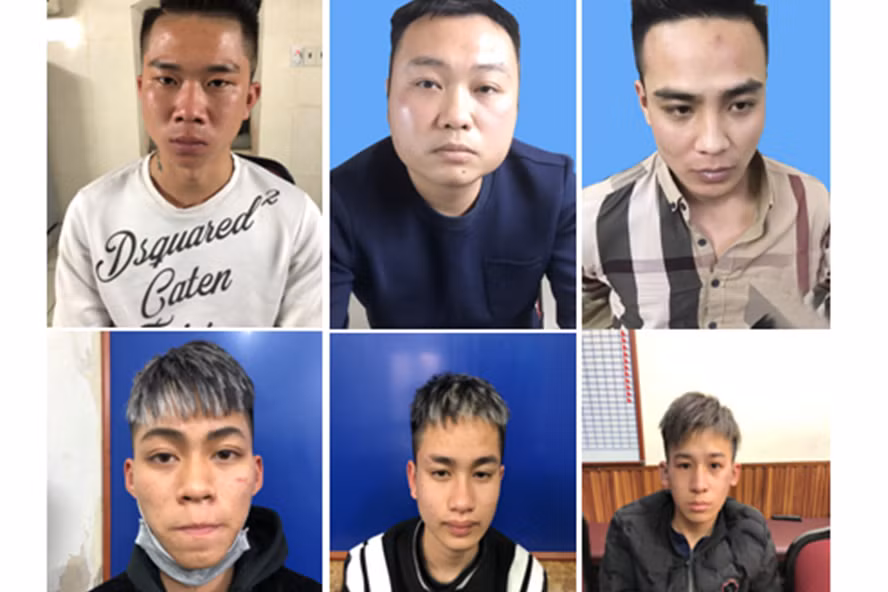 Các đối tượng Tuấn, Nam, Hải, Vinh, Phan, Kiệt, Thiệp tại cơ quan Công an. Ảnh Công an TP.Hải Phòng