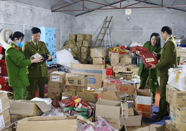  Đoàn kiểm tra liên ngành kiểm tra kho hàng hóa nghi nhập lậu tại Thái Nguyên. (Ảnh: Trần Trang/TTXVN)