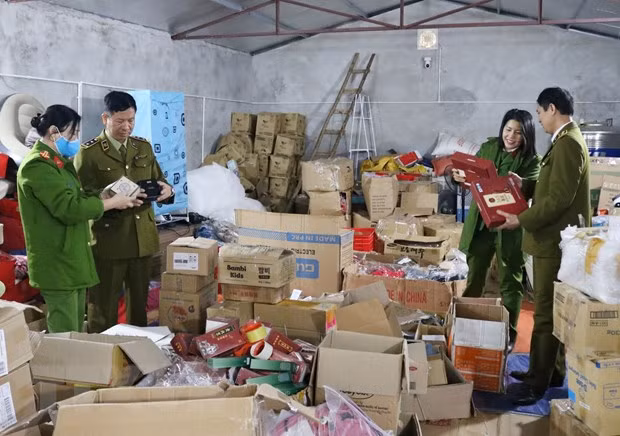  Đoàn kiểm tra liên ngành kiểm tra kho hàng hóa nghi nhập lậu tại Thái Nguyên. (Ảnh: Trần Trang/TTXVN)