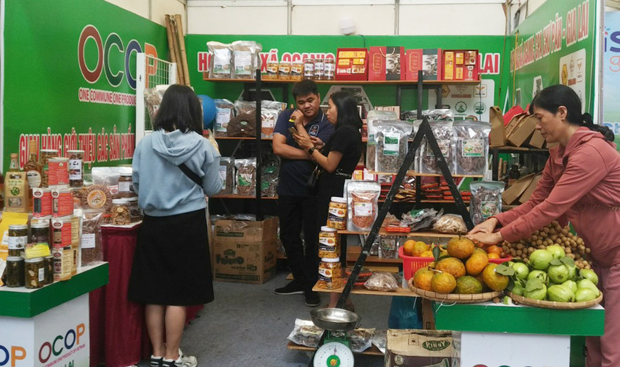  Gian hàng trưng bày sản phẩm của HTX Organic CPA tại Hội chợ OCOP Gia Lai 2020. Ảnh: Sơn Ca