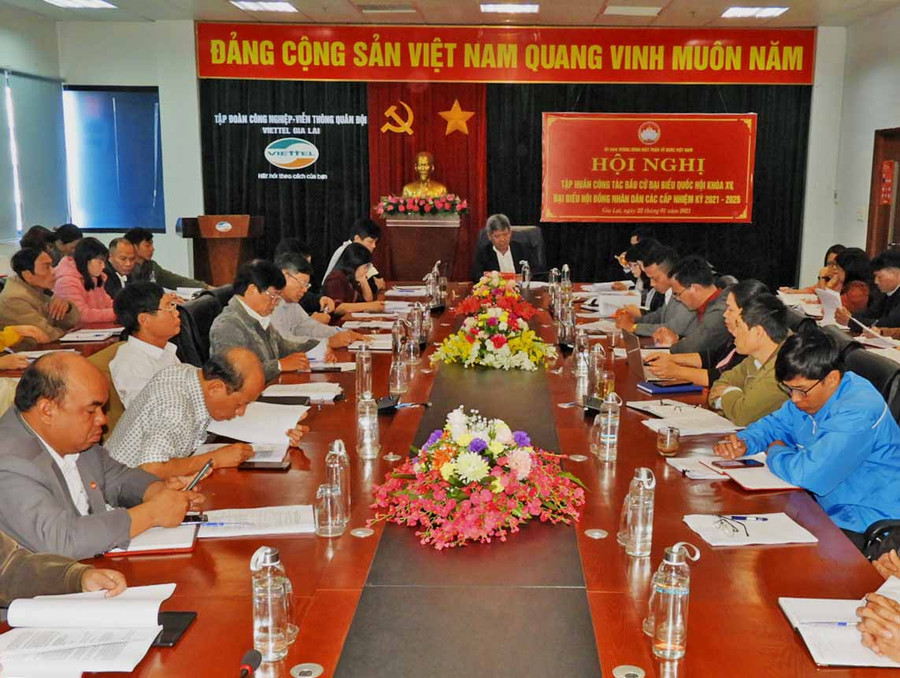 Tại đầu cầu Gia Lai tham gia Hội nghị trực tuyến toàn quốc tập huấn công tác bầu cử. Ảnh: Thanh Nhật