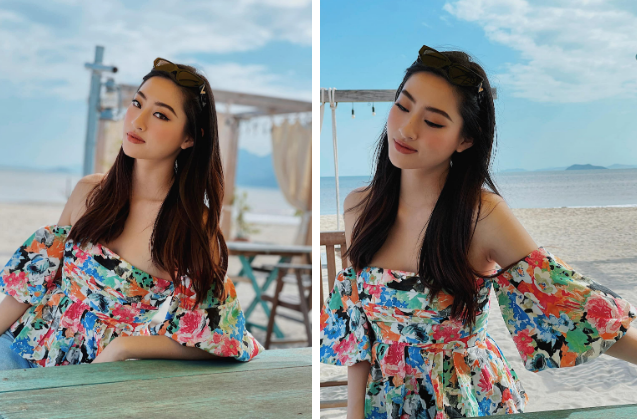 Ngoài bộ trang phục trên, Lương Thùy Linh còn gây chú ý khi diện áo trễ vai kết hợp với quần jeans đi biển. 