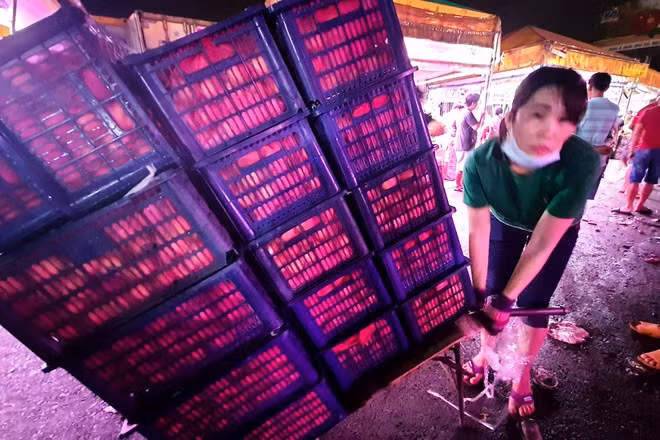 Một nữ bốc xếp kéo hàng trên trăm ký ở chợ đầu mối Thủ Đức. ẢNH: PHẠM THU NGÂN