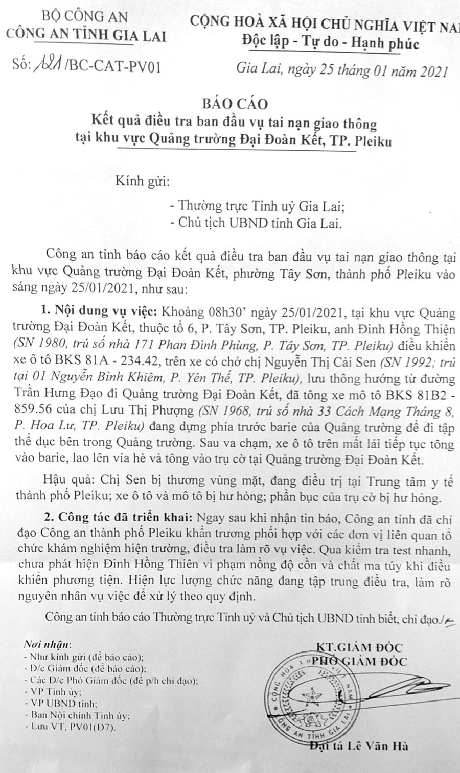 Văn bản báo cáo kết quả điều tra ban đầu vụ tai nạn giao thông của Công an tỉnh Gia Lai.