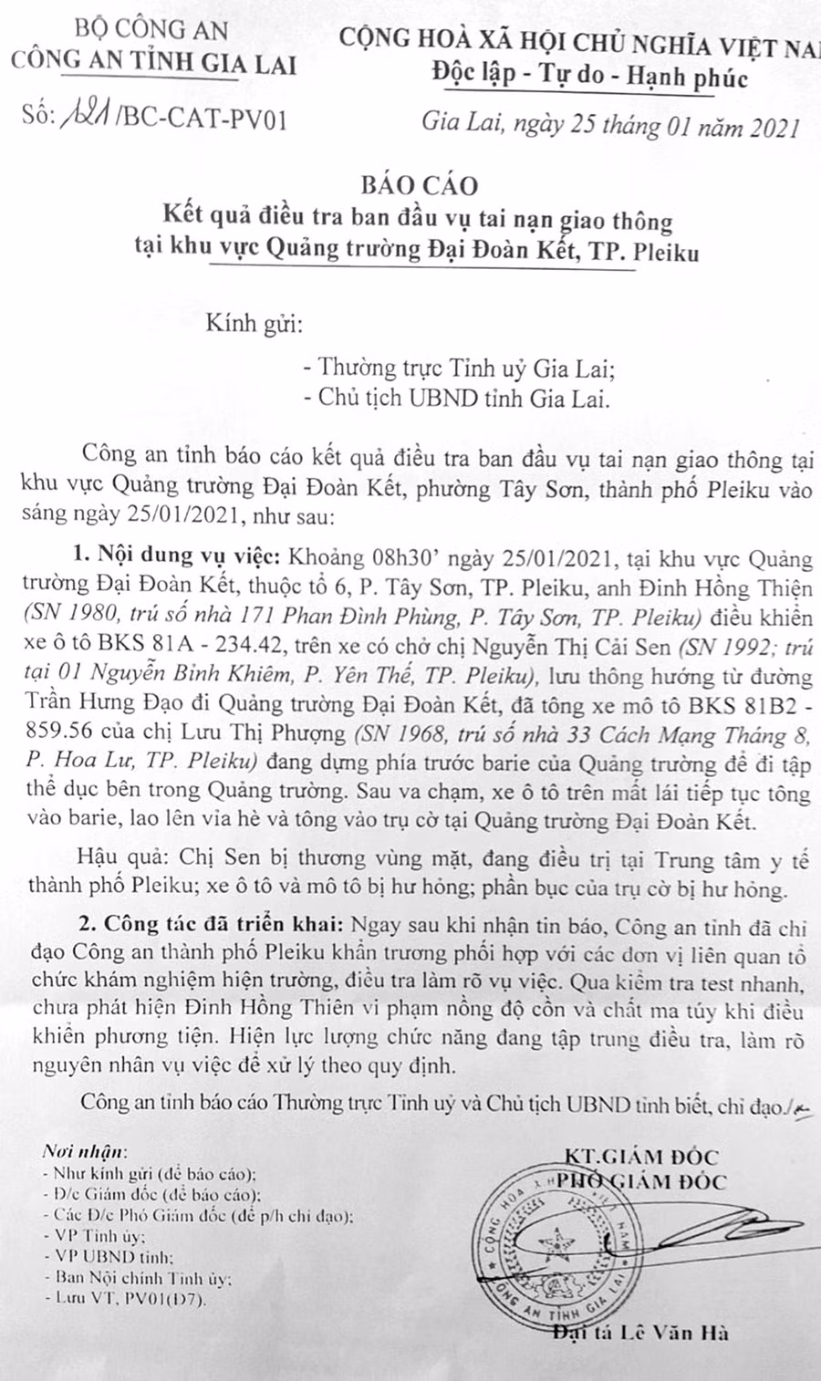 Văn bản báo cáo kết quả điều tra ban đầu vụ tai nạn giao thông của Công an tỉnh Gia Lai.