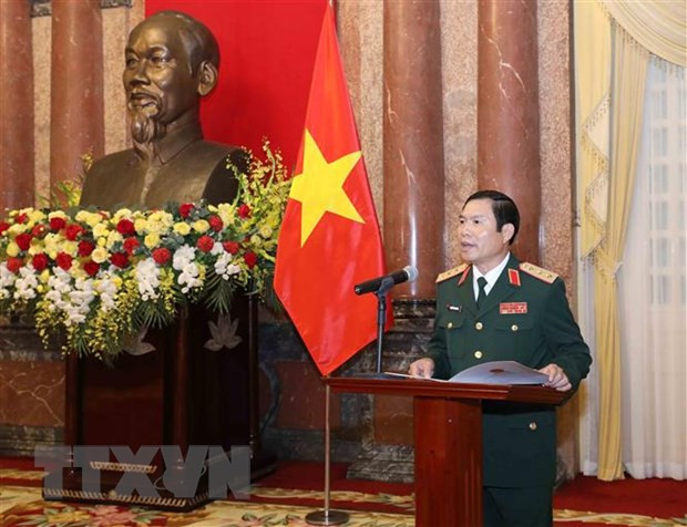 Thượng tướng Nguyễn Tân Cương, Thứ trưởng Bộ Quốc phòng phát biểu tại buổi lễ. (Ảnh: Phương Hoa/TTXVN)