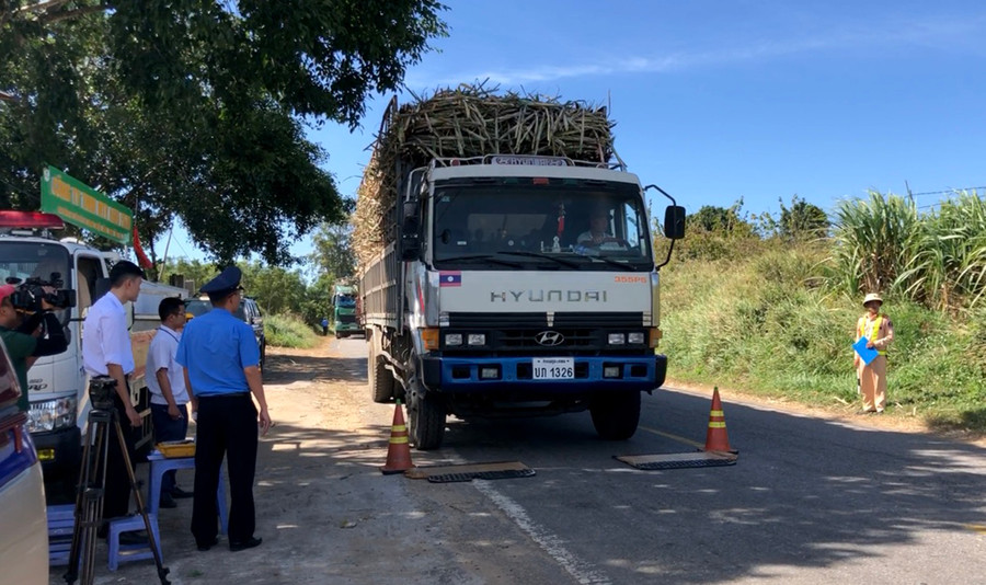 Thanh tra Sở GT-VT cân tải trọng xe chở mía trên đường Trường Sơn Đông-đoạn qua huyện Kông Chro. Ảnh: Lê Hòa Thanh tra Sở GT-VT cân tải trọng xe chở mía trên đường Trường Sơn Đông-đoạn qua huyện Kông Chro. Ảnh: Lê Hòa