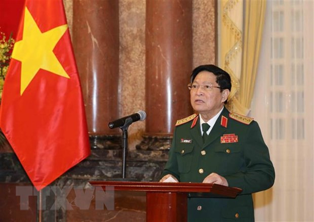  Đại tướng Ngô Xuân Lịch, Ủy viên Bộ Chính trị, Bộ trưởng Bộ Quốc phòng, phát biểu tại buổi lễ. (Ảnh: Phương Hoa/TTXVN)