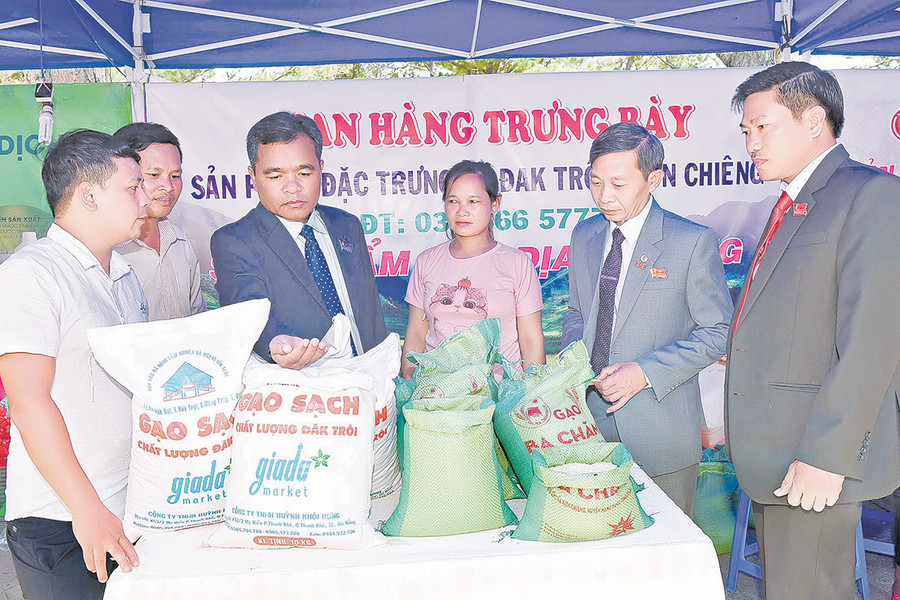 Bí thư Tỉnh ủy Hồ Văn Niên (thứ 3 từ trái sang) tham quan gian hàng trưng bày sản phẩm gạo đặc trưng Đak Trôi và Kon Chiêng (huyện Mang Yang). Ảnh: Đức Thụy