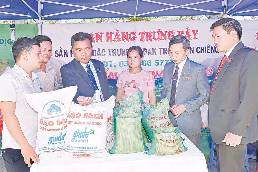 Bí thư Tỉnh ủy Hồ Văn Niên (thứ 3 từ trái sang) tham quan gian hàng trưng bày sản phẩm gạo đặc trưng Đak Trôi và Kon Chiêng (huyện Mang Yang). Ảnh: Đức Thụy