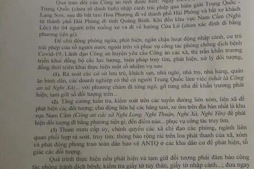  Công văn hỏa tốc của Công an huyện Nghi Lộc (Nghệ An) về việc truy tìm 4 người Trung Quốc nhập cảnh trái phép. Ảnh: QĐ