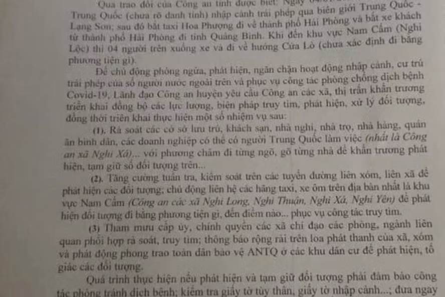 Công văn hỏa tốc của Công an huyện Nghi Lộc (Nghệ An) về việc truy tìm 4 người Trung Quốc nhập cảnh trái phép. Ảnh: QĐ Công văn hỏa tốc của Công an huyện Nghi Lộc (Nghệ An) về việc truy tìm 4 người Trung Quốc nhập cảnh trái phép. Ảnh: QĐ