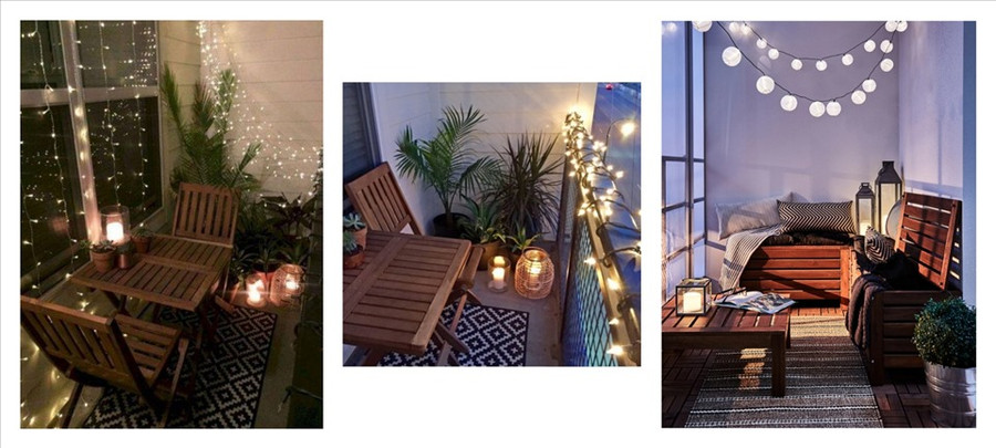 Sử dụng dây đèn để trang trí ban công. Đồ họa: Bảo Trân