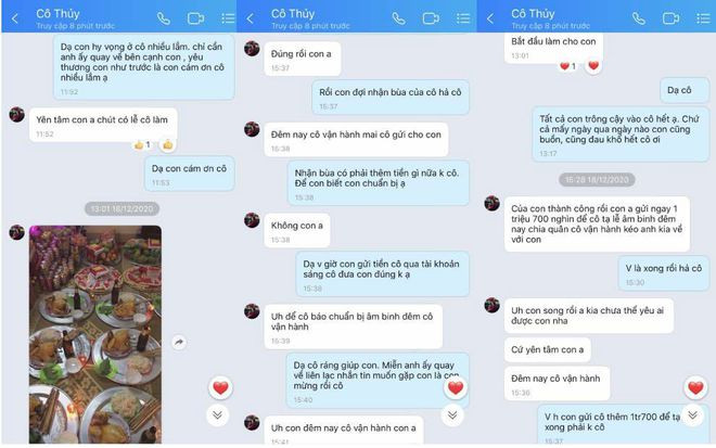 Đoạn tin nhắn trao đổi giữa nạn nhân với người lừa xưng cô Thủy Đoạn tin nhắn trao đổi giữa nạn nhân với người lừa xưng cô Thủy
