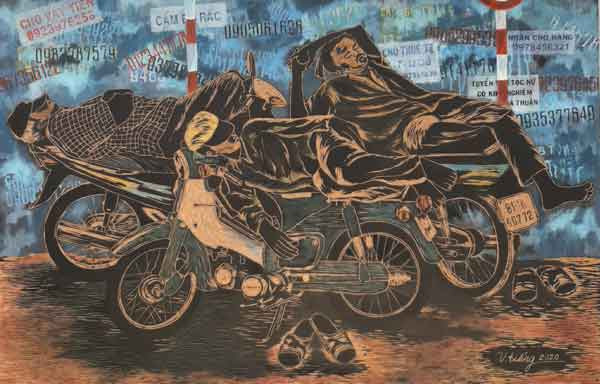 Tác phẩm “Bên đường” của họa sĩ Võ Văn Tiếng.