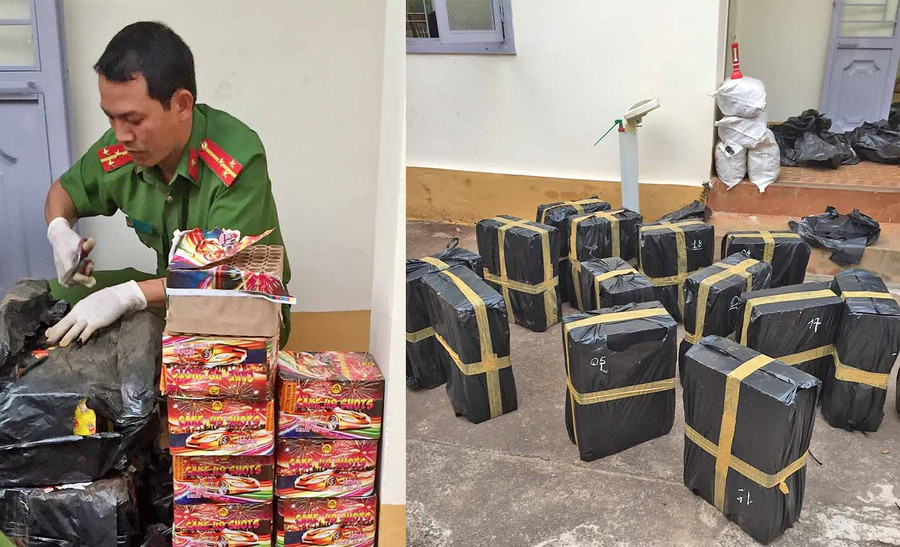 Số pháo hoa nổ được phát hiện, thu giữ tại rẫy cà phê thuộc xã Hneng, Đak Đoa. Ảnh: Thúy Trinh