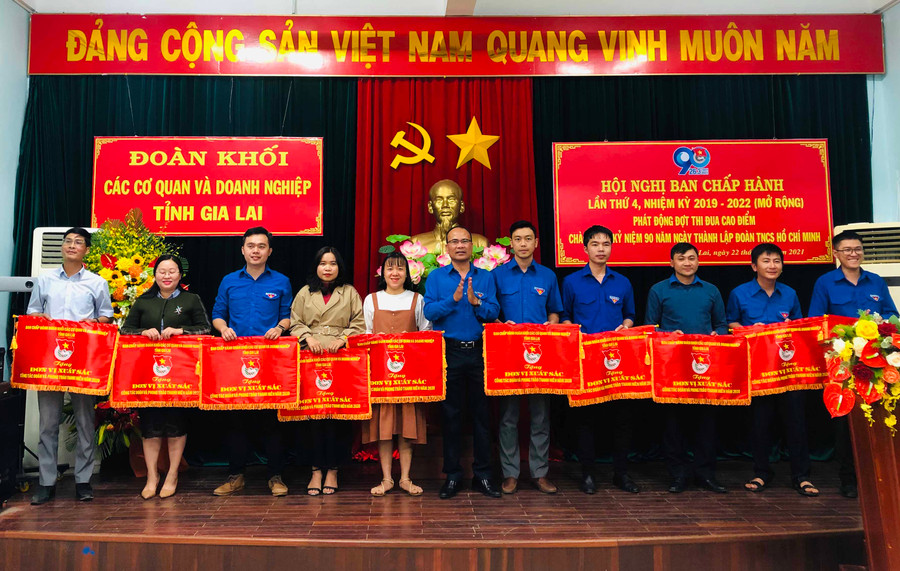 Ban Chấp hành Đoàn khối các Cơ quan và Doanh nghiệp tỉnh đã tặng cờ thi đua cho 10 tập thể xuất sắc tiêu biểu, Ảnh Phan Lài. JPG