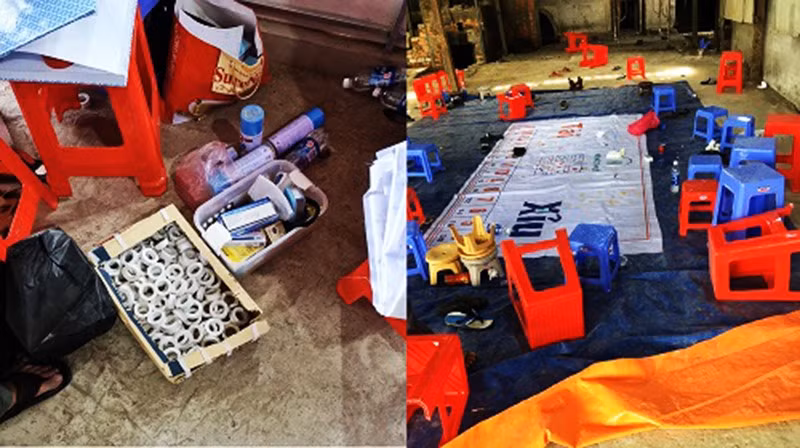 Hiện trường công an triệt phá tụ điểm đánh bạc quy mô khủng. Ảnh công an cung cấp.