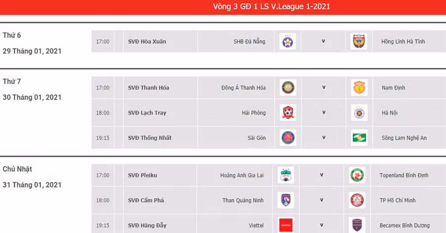 Lịch thi đấu vòng 3 V.League 2021. Ảnh: Chụp màn hình.