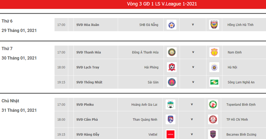 Lịch thi đấu vòng 3 V.League 2021. Ảnh: Chụp màn hình.