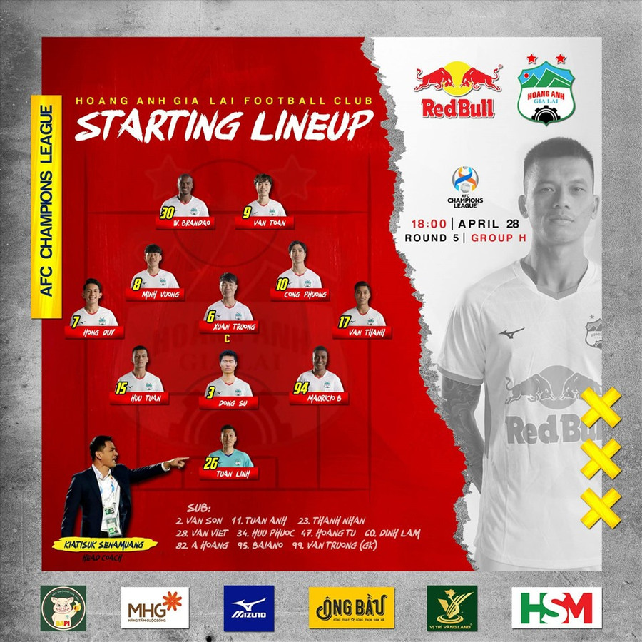 Đội hình Hoàng Anh Gia Lai đối đầu Yokohama F. Marinos. Ảnh: HAGL FC