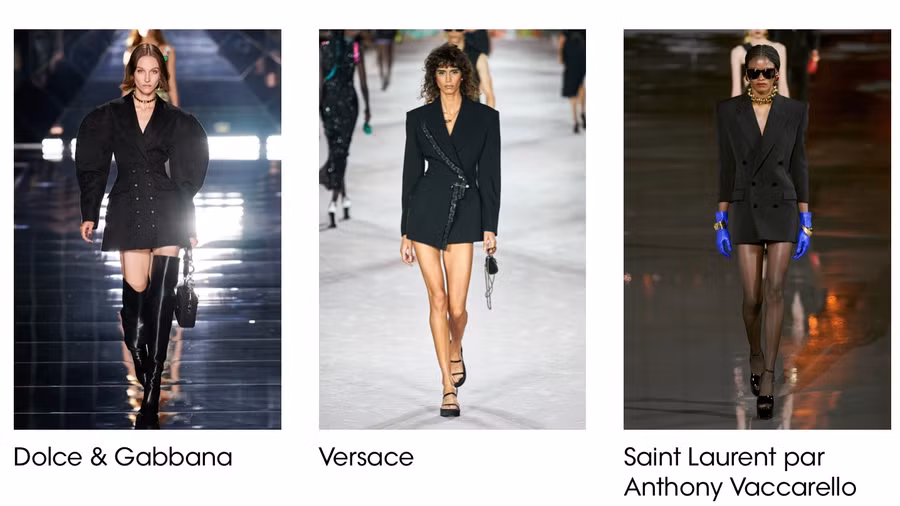  Thiết kế áo khoác váy sang trọng phù hợp với thời tiết ấm áp. Những chiếc áo khoác váy với phần vai cách điệu tạo cảm giác quyền lực cho người mặc. Phần eo được siết lại và nhấn mạnh ở phần vai, tạo nên sự quyến rũ đầy chinh phục, như một định nghĩa mới về sự thanh lịch. Ảnh: Vogue.