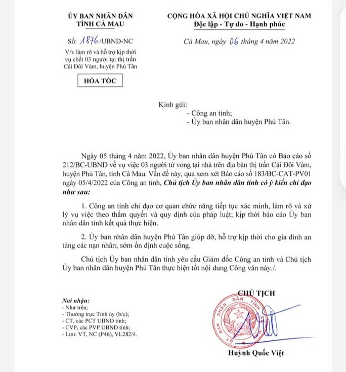 Văn bản chỉ đạo hỏa tốc của Chủ tịch UBND tỉnh Cà Mau