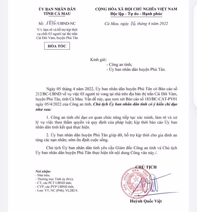 Văn bản chỉ đạo hỏa tốc của Chủ tịch UBND tỉnh Cà Mau