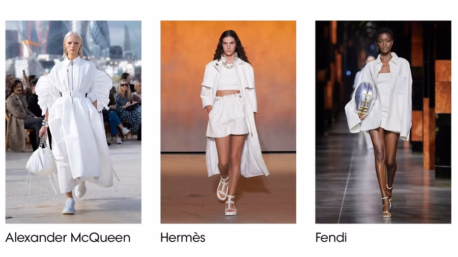 Đây là sự kết hợp an toàn, một xu hướng không bao giờ lỗi mốt. Những bộ trang phục màu trắng làm tăng thêm sự trang trọng với những đường cắt quá khổ, tạo cảm giác năng động, mạnh mẽ và đầy tính thể thao. Ảnh: Vogue
