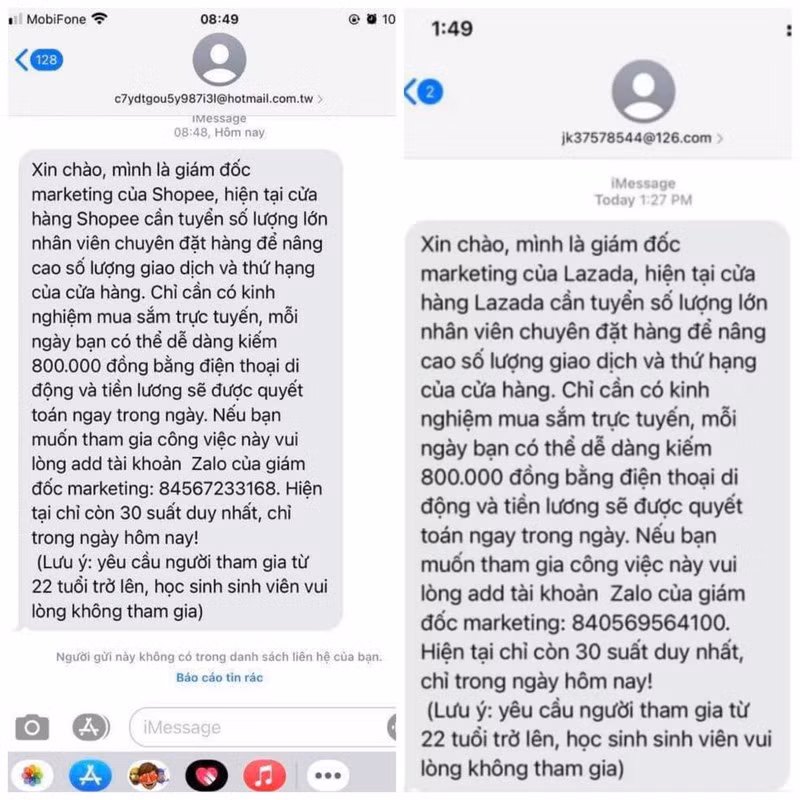 Những tin nhắn giả mạo giám đốc marketing của các sàn thương mại điện tử để lừa đảo tuyển dụng. Ảnh: Chụp màn hình