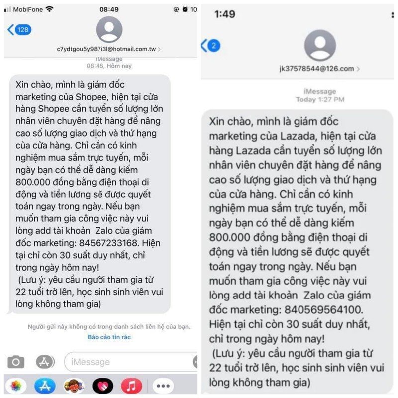 Những tin nhắn giả mạo giám đốc marketing của các sàn thương mại điện tử để lừa đảo tuyển dụng. Ảnh: Chụp màn hình