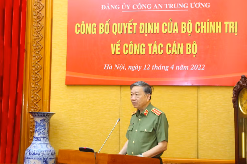  Bộ trưởng Tô Lâm phát biểu tại Lễ công bố Quyết định của Bộ Chính trị về công tác cán bộ.