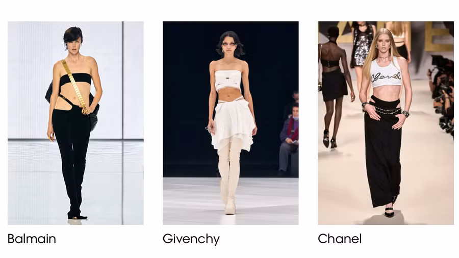 Nội y là xu hướng hàng đầu trên sàn diễn thời trang. Đồ lót khẳng định vị thế là một món đồ thời trang theo đúng nghĩa. Sự đẳng cấp của những món đồ nội y có thể thể hiện qua việc kết hợp với quần tây hoặc váy cạp trễ. Ảnh: Vogue 