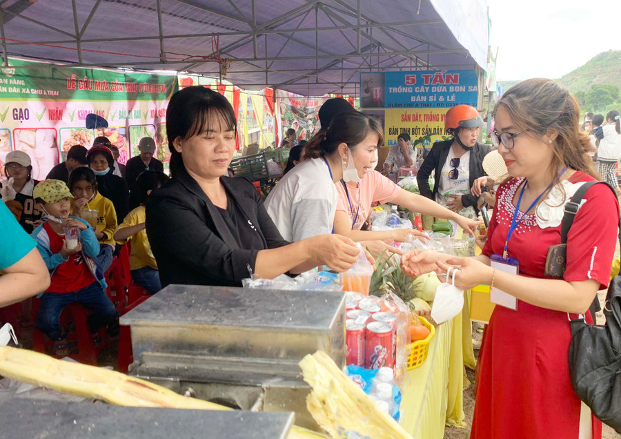 Du khách tham quan, mua sắm tại các gian hàng ẩm thực của huyện. Ảnh: Vũ Chi