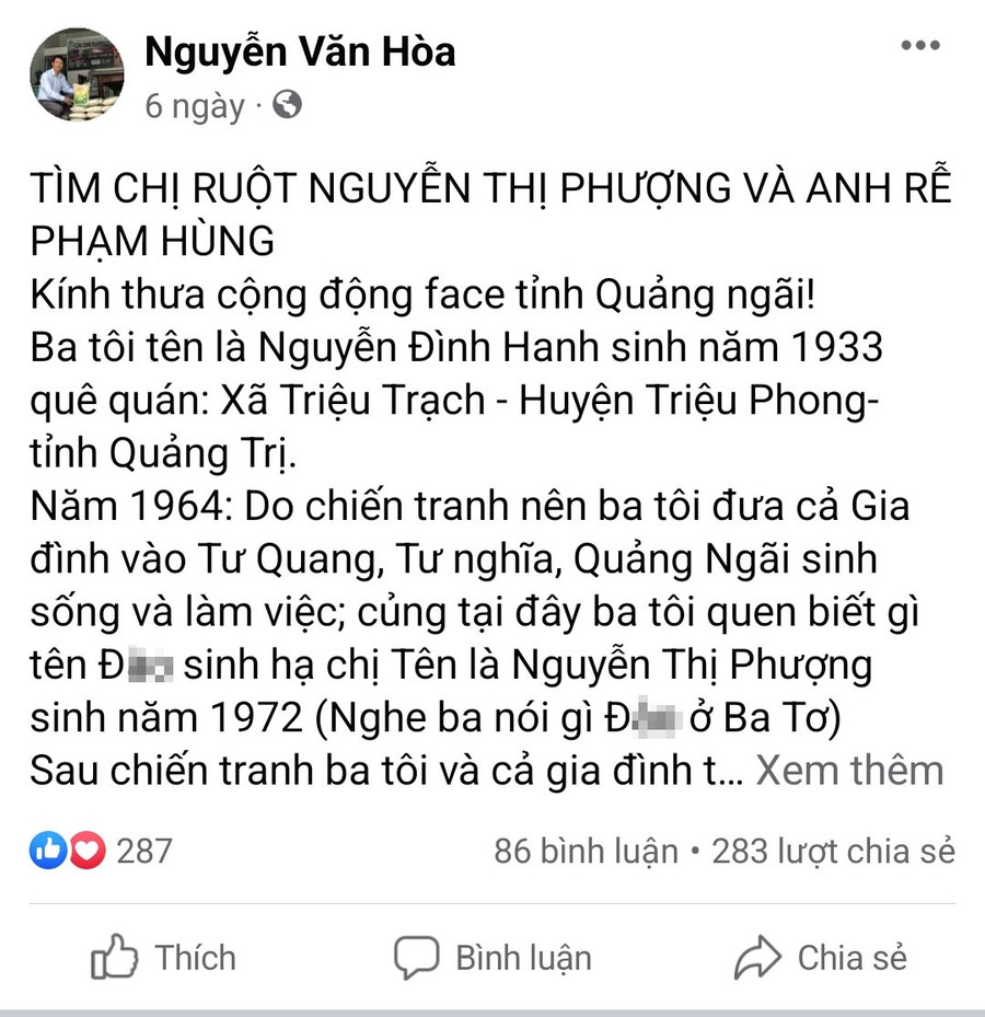 Ông Hòa lên mạng xã hội để cầu cứu tìm giúp người thân. Ảnh: THANH LỘC Ông Hòa lên mạng xã hội để cầu cứu tìm giúp người thân. Ảnh: THANH LỘC