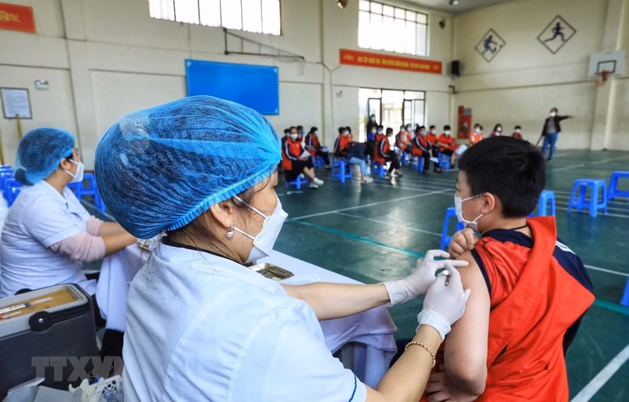 Nhân viên y tế tiêm vaccine cho trẻ từ 5 đến dưới 12 tuổi. Ảnh: Tuấn Anh/TTXVN