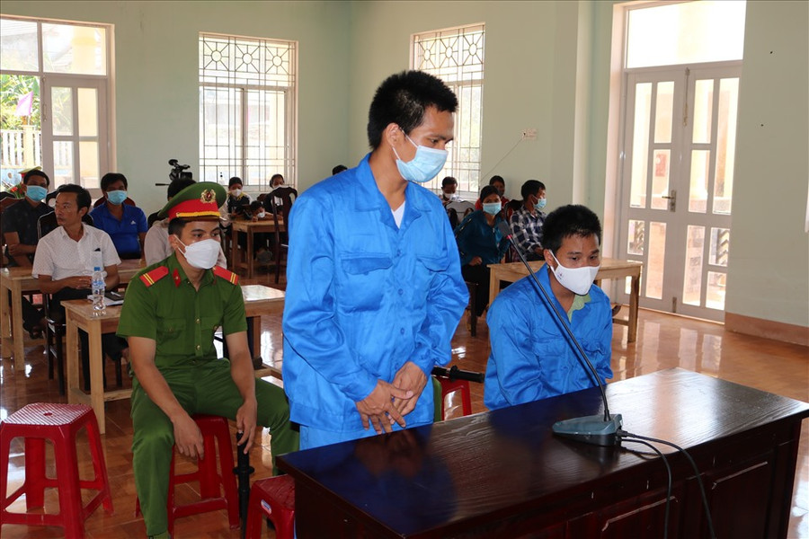 Hai đối tượng bắn chết 5 cá thể voọc quý hiếm tại Tòa án nhân dân huyện Ba Tơ. Ảnh: Lan Anh