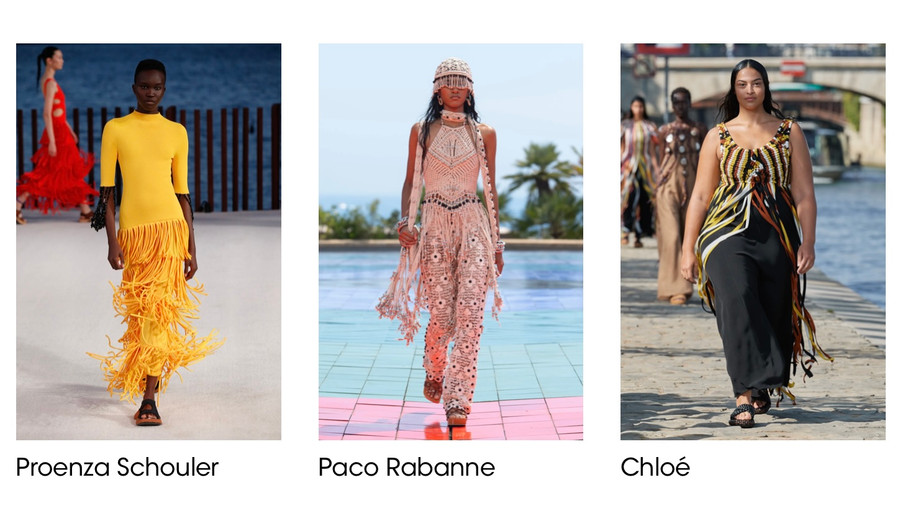 Trang phục tua rua là một xu hướng thời trang thường thấy trên các sàn diễn Xuân Hè và mùa 2022 cũng không ngoại lệ. Những sợi tua rua chuyển động nhịp nhàng theo từng bước đi, tạo cảm giác phóng khoáng của mùa hè và thể hiện hiệu ứng thời trang cao cấp. Ảnh: Vogue. 