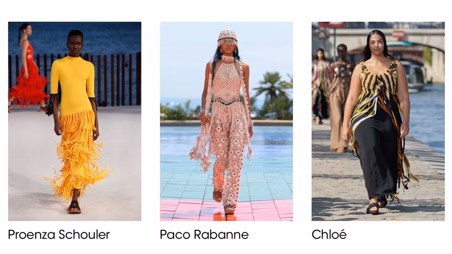 Trang phục tua rua là một xu hướng thời trang thường thấy trên các sàn diễn Xuân Hè và mùa 2022 cũng không ngoại lệ. Những sợi tua rua chuyển động nhịp nhàng theo từng bước đi, tạo cảm giác phóng khoáng của mùa hè và thể hiện hiệu ứng thời trang cao cấp. Ảnh: Vogue. 