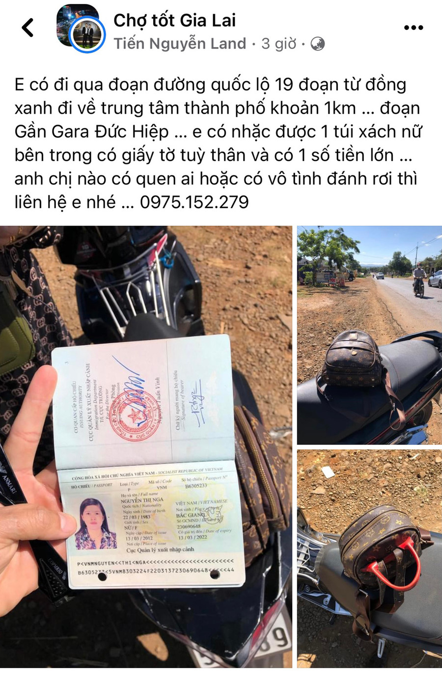 Tin đăng tìm chủ nhân chiếc ba lô anh Trương Tấn Phúc nhặt được tại quốc lộ 19 đoạn gần Trạm thu phí đường bộ cũ (xã Chư Á, TP. Pleiku). Ảnh: Lê Hòa Tin đăng tìm chủ nhân chiếc ba lô anh Phúc nhặt được tại quốc lộ 19 đoạn gần Trạm Thu phí đường bộ cũ (xã Chư Á, TP. Pleiku). Ảnh: Lê Hòa