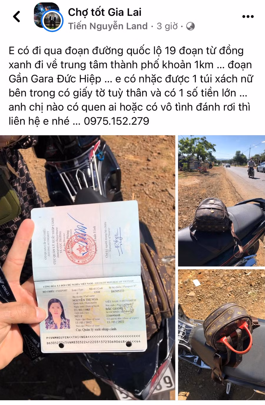 Tin đăng tìm chủ nhân chiếc ba lô anh Phúc nhặt được tại quốc lộ 19 đoạn gần Trạm Thu phí đường bộ cũ (xã Chư Á, TP. Pleiku). Ảnh: Lê Hòa