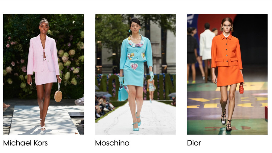 Thời trang thập niên 60 quay trở lại sàn diễn catwalk. Như một sự trở lại theo vòng tuần hoàn của các chu kỳ thời trang, hình ảnh những bộ đồ trang trọng màu đơn sắc với áo khoác ngắn không cổ, vai vuông có khuy bọc vải được các người mẫu sải bước trên sàn diễn. Những bộ trang phục này như một sự định nghĩa tiêu chuẩn về xu thế thời trang của thời kỳ thập niên 60. Ảnh: Vougue