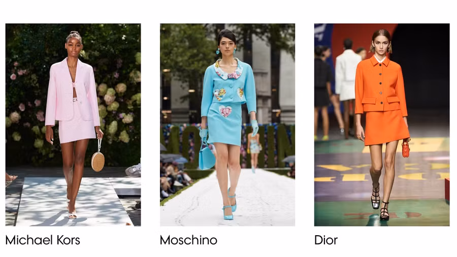 Thời trang thập niên 60 quay trở lại sàn diễn catwalk. Như một sự trở lại theo vòng tuần hoàn của các chu kỳ thời trang, hình ảnh những bộ đồ trang trọng màu đơn sắc với áo khoác ngắn không cổ, vai vuông có khuy bọc vải được các người mẫu sải bước trên sàn diễn. Những bộ trang phục này như một sự định nghĩa tiêu chuẩn về xu thế thời trang của thời kỳ thập niên 60. Ảnh: Vougue