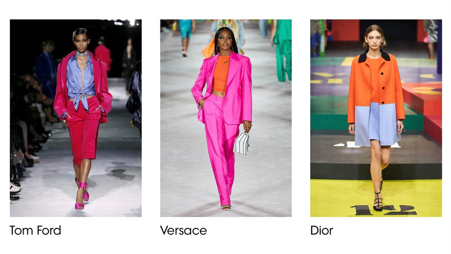 Color block (những khối màu) thường xuất hiện mỗi khi mùa thời trang Xuân Hè quay về. Những bộ trang phục này thường được kết hợp bởi các màu sắc nổi bật như hồng kẹo, cam quýt, xanh oải hương… hay những mảng màu tươi sáng tạo sự tương phản. Ảnh: Vogue.