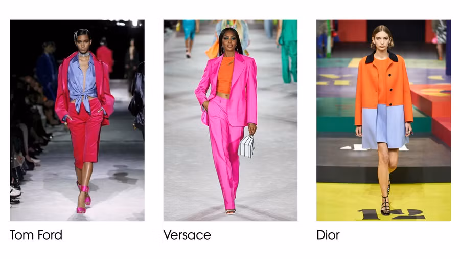 Color block (những khối màu) thường xuất hiện mỗi khi mùa thời trang Xuân Hè quay về. Những bộ trang phục này thường được kết hợp bởi các màu sắc nổi bật như hồng kẹo, cam quýt, xanh oải hương… hay những mảng màu tươi sáng tạo sự tương phản. Ảnh: Vogue.