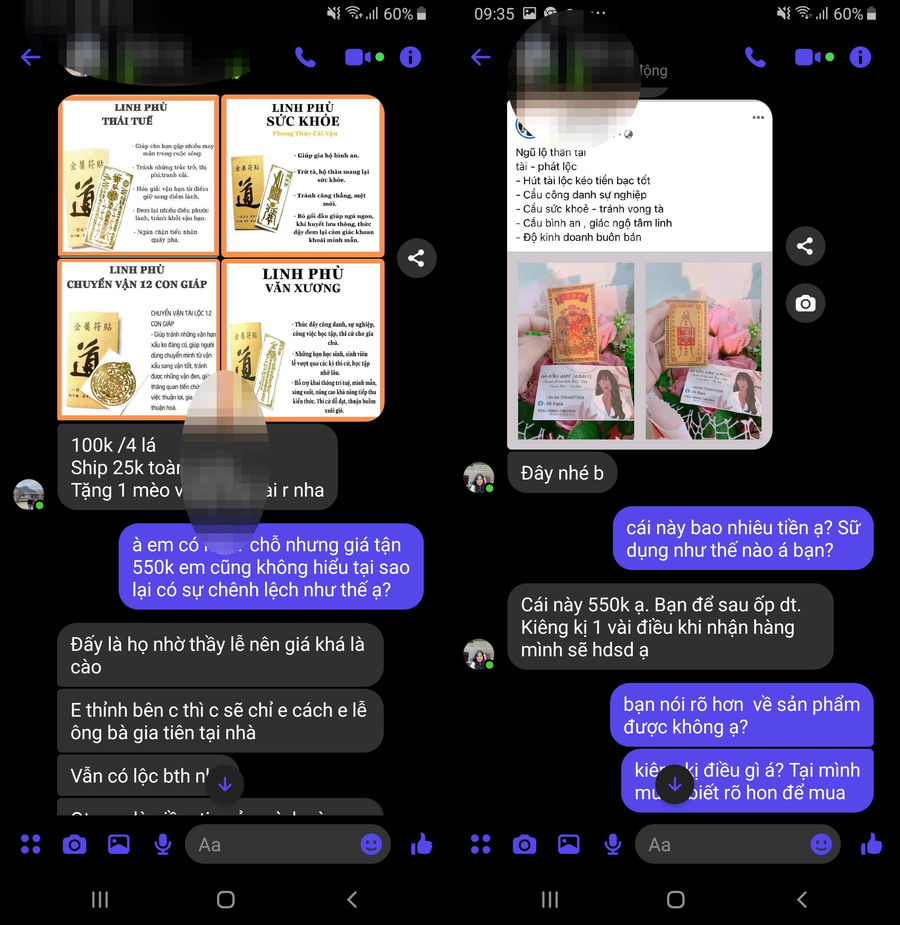Người bán giới thiệu các loại bùa với PV Thanh Niên thông qua nền tảng Messenger. Ảnh chụp màn hình