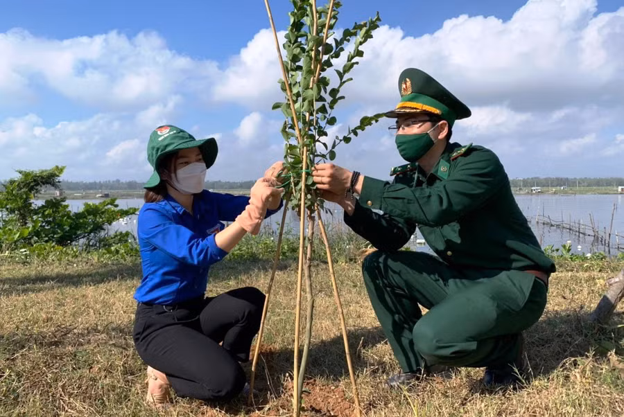 Đoàn viên, thanh niên Quảng Nam trồng cây xanh sau lễ khởi động Tháng Thanh niên. Ảnh: Mạnh Cường