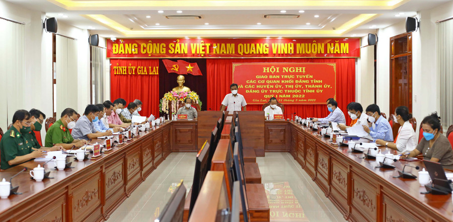 Quang cảnh hội nghị tại điểm cầu Tỉnh ủy. Ảnh: Anh Huy